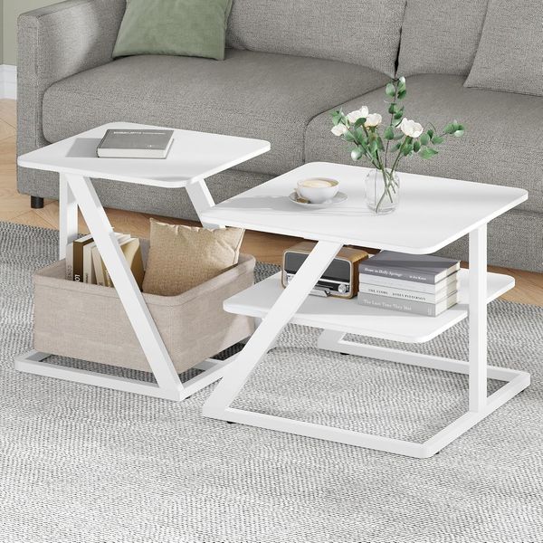 Couchtisch 2er Set, Wohnzimmertisch mit Stoffkorb, beistelltisch mit Stauraum, Geeignet für Wohnzimmer, Schlafzimmer und Balkon, Weiß
