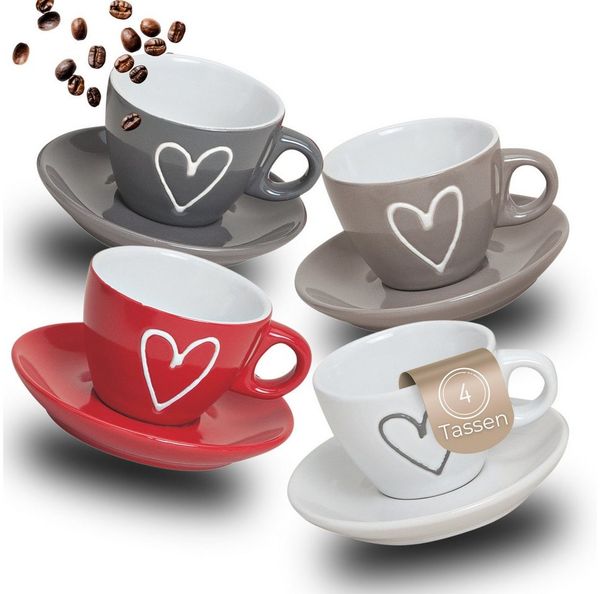 matches21 HOME & HOBBY Tasse Espresso-Tassen Herz-Dekor 4er Set dickwandige Keramik, 50 ml, 4-tlg, Keramik, Kleine Vintage Henkel Mokka Kaffee-Tassen mit Untertassen