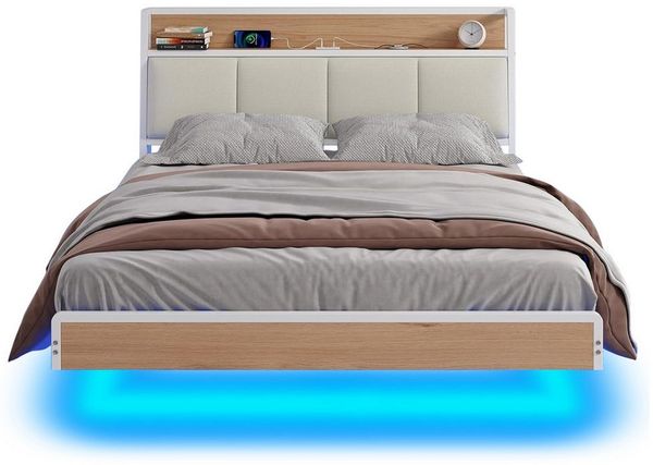 KIMENICH Polsterbett mit USB Ladefunktion und LED-Beleuchtung, Schwebender visueller Effekt (1-tlg, Ohne Matratze), Jugendbett Bettgestell 140x200cm