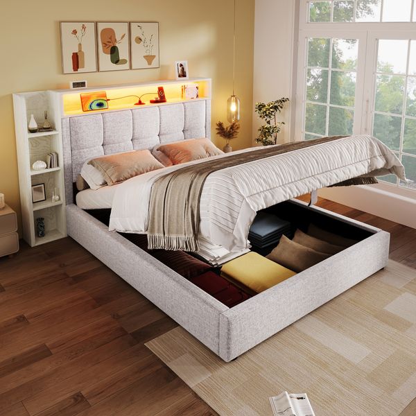 Polsterbett 90x200 cm mit Leinenbezug und hydraulischem Bettkasten, LED-Beleuchtung & USB‑C,Beige