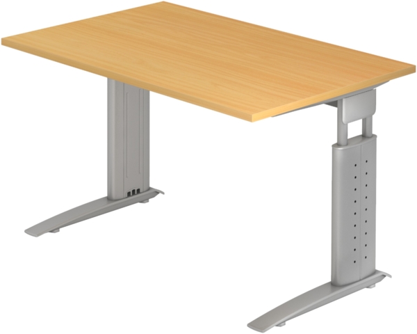 bümö höhenverstellbarer Schreibtisch U-Serie 120x80 Buche, Gestell in Silber - PC Tisch klein für's Büro manuell höhenverstellbar, Computertisch verstellbar, US-12-6-S
