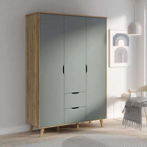 Forte VANKKA Kleiderschrank 140, moderner Kleiderschrank im Skandi Stil, 3-türig, 2 Schubladen, Holzwerkstoff, Salbei/Mauvella Eiche Holzdekor, 139,4 cm breit x 201,5 cm hoch x 52,7 cm tief