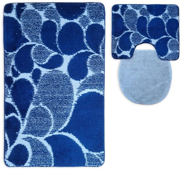 ROLFNERS Badematte 3 tlg Badematte Badezimmerteppich Badteppich Set Blau, Weicher Flor, Rutschfest, Schnell Trocknend, Fußbodenheizungsgeeignet, Polypropylen, Florhöhe ca. 15 mm, Waschbar bis max. 30°C
