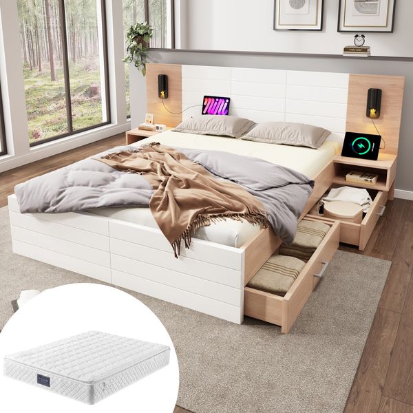 Doppelbett 160x200 cm Weiß Eiche mit Leselampe & USB-Ladeanschluss, Massivholz Bett mit Nachttisch und 2 Schubladen,inklusive Matratze