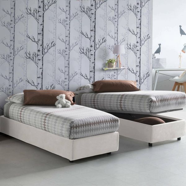 Talamo Italia - Einzelbett Valentina, Bettkasten mit Stoffbezug, 100 % Made in Italy, Öffnung vorne, inklusive Matratze 90x200 cm, Weiß