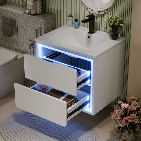 60x46x50cm Wandhängend Badezimmerschränke, Volllackierung, LED-Radarsensor-Beleuchtung, zwei Schubladen, leise Gleitschienen, Waschtisch,integriertes Waschbecken, weiß