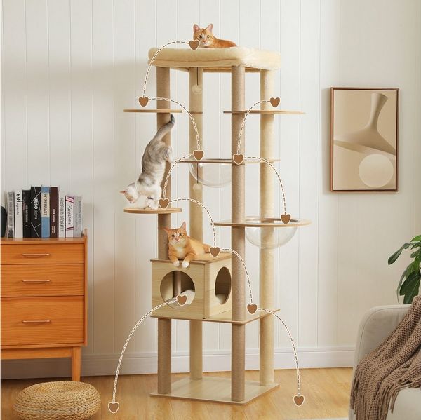 PETEPELA Kratzbaum Kratzbaum für große Katzen 181 cm Holz Katzenbaum mit großer Höhle, mit große Hängematte und mehr Kratzsäule, Beige