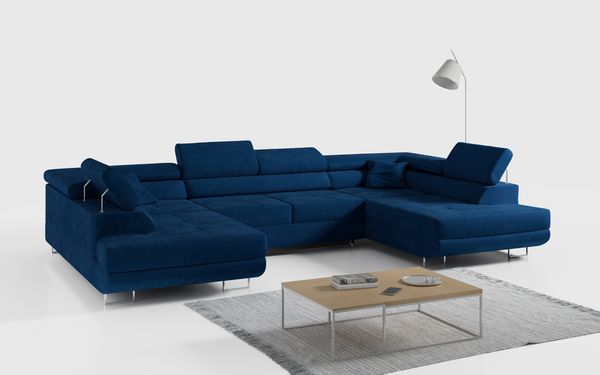 Ecksofa, Wohnzimmer U Couch, Polstersofa mit Bettkasten - GUSTAW-U - Dunkelblau Velours