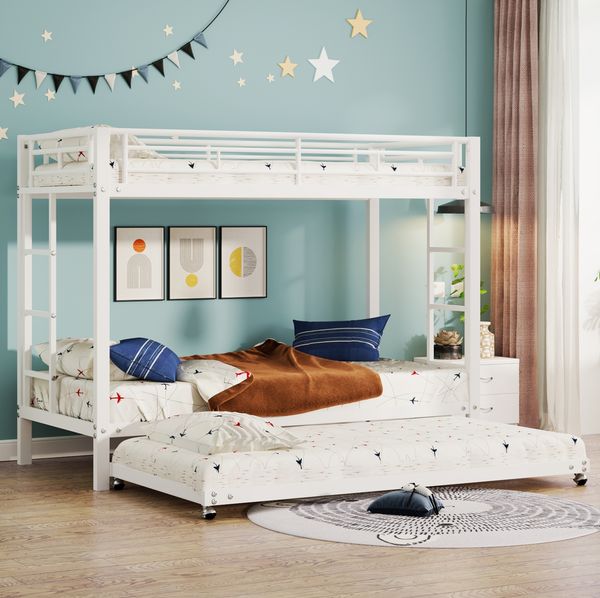 Bett 90x200 cm mit Ausziehbett und hohem Sicherheitsgeländer – Metall-Etagenbett in Weiß