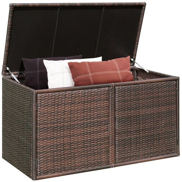 COSTWAY Auflagenbox Rattan Sitzbank 335L, mit Doppeltüren & Ablage, 115x60x65cm