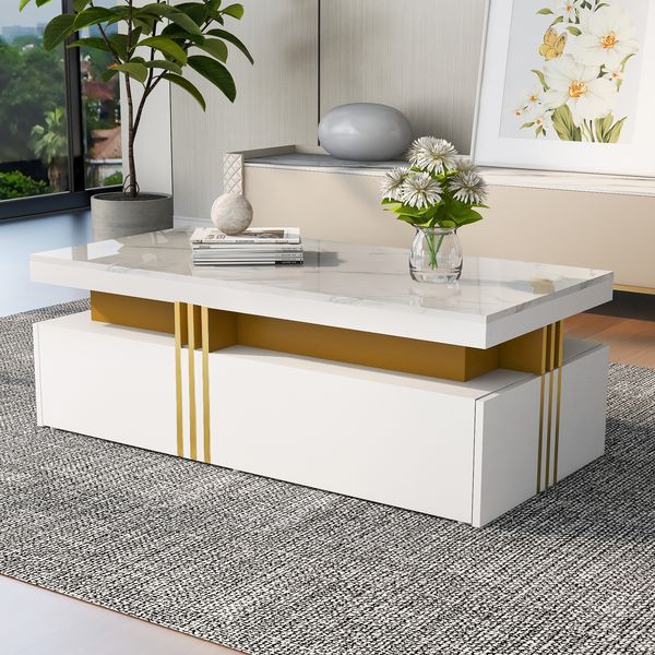 Couchtisch 100 × 50 × 40 cm Weiß mit Marmoroptik und goldenen Metallstreifen, Sofatisch, Wohnzimmer Tisch