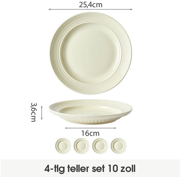 JIWOO Suppenteller 4er Ø25,4 cm, Speiseteller Frühstücksteller Salatteller Pastateller, (4 St), Keramik Hochwertiges Tellerset Beige Mikrowellen spülmaschinenfest