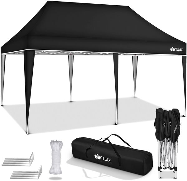 tillvex Pavillon 3x6m Schwarz wasserdicht | Pop-Up Faltpavillon höhenverstellbar | Gartenzelt UV Schutz 50+ | Partyzelt mit Tasche für Garten