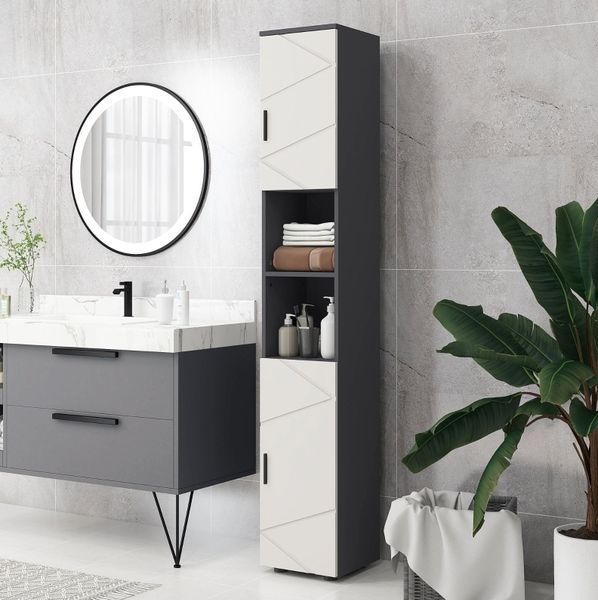 Badezimmerschrank 30x30x183 cm mit verstellbaren Regalböden – schmaler Hochschrank in Dunkelgrau
