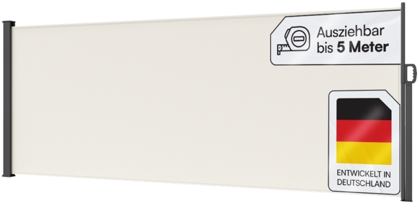 STEELSØN 'Zirella' Seitenmarkise mit Aluminium-Kassette, ausziehbar, 200x500 cm, beige/anthrazit, wetterfest und blickdicht