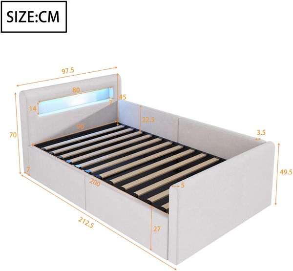 Polsterbett Kinderbett 90x200 cm mit LED, Nachtlicht, USB-Anschluss, hydraulischem Stauraum, ohne Matratze Bild 5