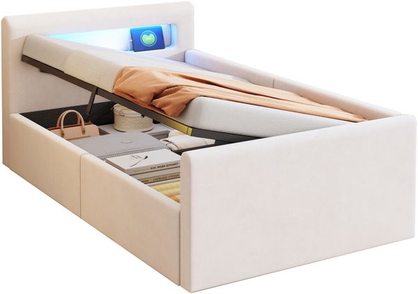 Polsterbett Kinderbett 90x200 cm mit LED, Nachtlicht, USB-Anschluss, hydraulischem Stauraum, ohne Matratze Bild 7