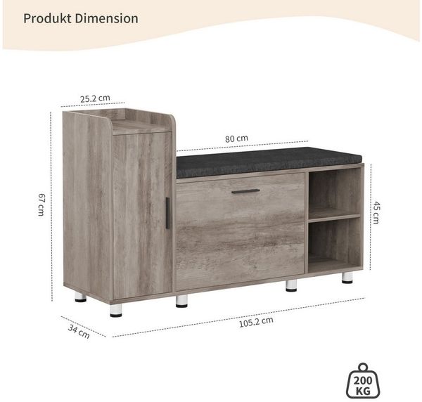 FiveWillowise Schuhschrank mit Sitzfläche & Stauraum, 105×34×67 cm, 3 Klappen & 8 Metallfüßen Grau, Schuhbank mit Sitzfläche für Flur & Eingang