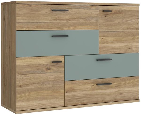 Kommode SKIVE Optik: Mauvella Eiche / Sage Green 2-trg. 4 Schubladen