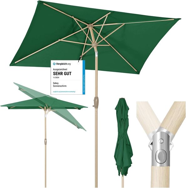 Sekey Sonnenschirm mit Kurbel und UV50+, knickbar, Aluminium grün / natur, 210 x 140 cm