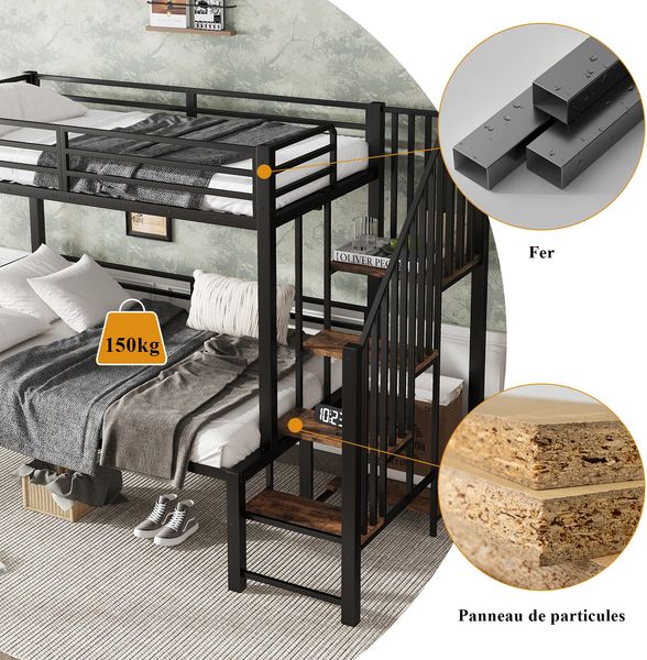 Eisenbett, Etagenbett, Geeignet für Kinder und Jugendliche, Eckleiterschrank mit Stauraum, Eisen+MDF, Schwarz+Vintage-Holzfarbe, 90 x 200cm&120x200cm Bild 8