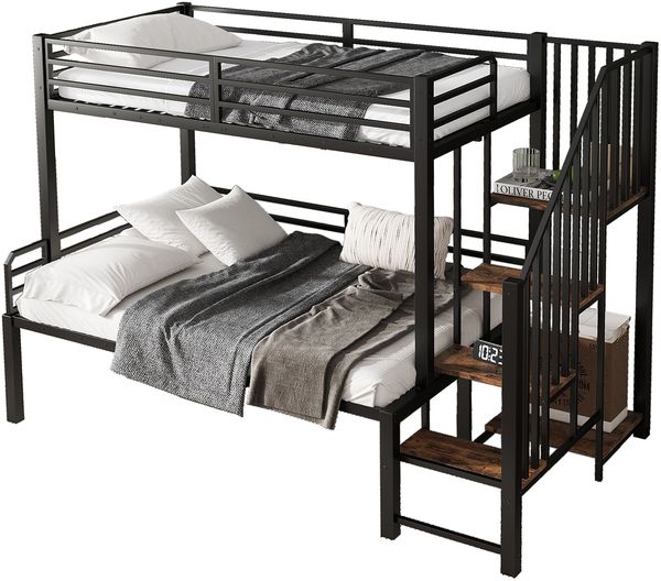 Eisenbett, Etagenbett, Geeignet für Kinder und Jugendliche, Eckleiterschrank mit Stauraum, Eisen+MDF, Schwarz+Vintage-Holzfarbe, 90 x 200cm&120x200cm Bild 9