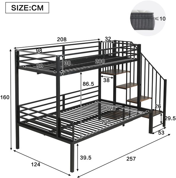 Eisenbett, Etagenbett, Geeignet für Kinder und Jugendliche, Eckleiterschrank mit Stauraum, Eisen+MDF, Schwarz+Vintage-Holzfarbe, 90 x 200cm&120x200cm Bild 6