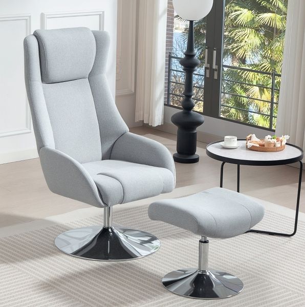 Relaxsessel 68 x 84 x 118 cm mit Fußhocker – drehbarer Polstersessel in Grau mit Metallbasis