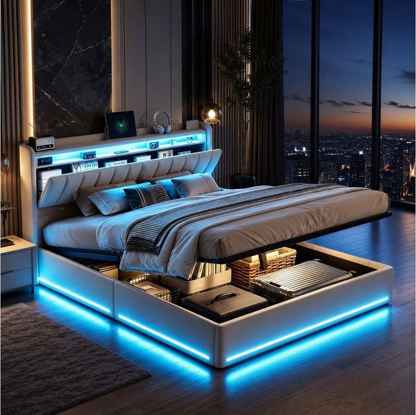 Simurq Polsterbett Stauraumbett 140x200 cm mit Bettkasten,LED,USB,Lattenrost,Samt (Jugendbett Bettgestell,großem Bettkasten, ohne Matratze, Doppelbett mit LED-Beleuchtung,USB&Type-C,Staufach-Kopfteil)