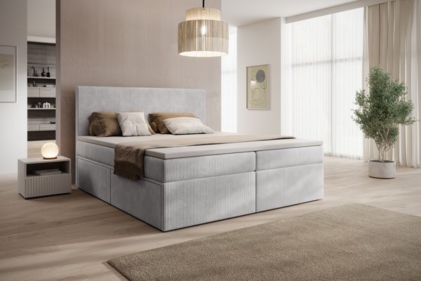 Boxspringbett Siena, Doppelbett mit 2 Schubladen und Topper, POSO-Cordstoff, 180 x 200 cm, Grau