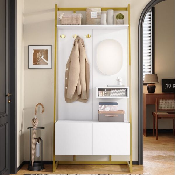 Merax Kompaktgarderobe mit Spiegel, Garderoben-Set aus Holz & Metall (1-St) Flurschrank mit Metallhaken, Schuhschrank & Sitzbank, 78×180,5×38,5 cm