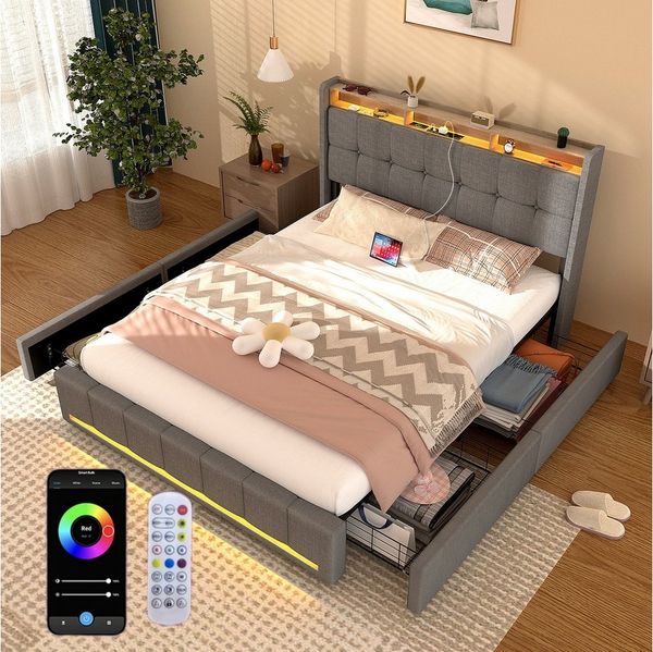oyajia Polsterbett ED Doppelbett 140x200 cm mit 4 Schubkästen und Kopfteil, Ladefunktion (Leises Design Bett, 4 Ausziehbare Schubladen,Modernes Jugendbett)