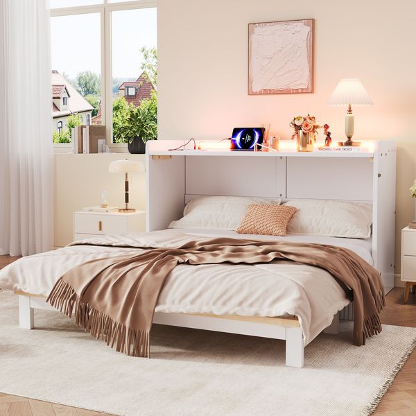 Schrankbett 140 × 200 cm aus MDF und Spanplatte mit LED-Beleuchtung, USB-Anschluss und Stauraumschubladen, weiß