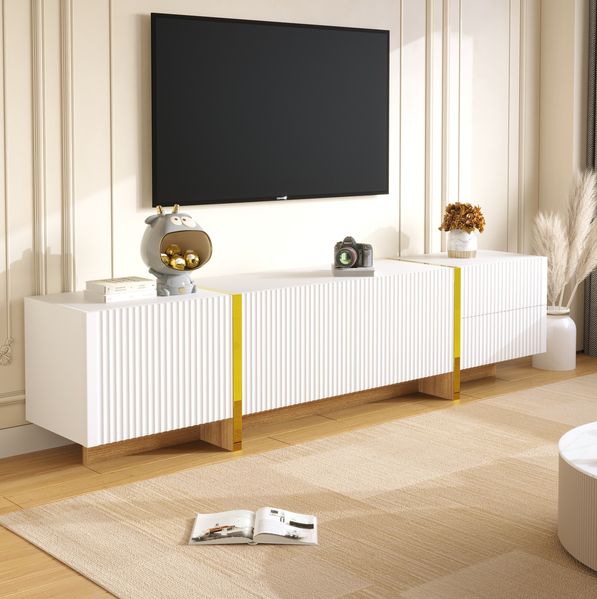 Eleganter TV-Schrank 190 cm mit 3 Türen, 2 Schubladen, Weiß mit Gold und Holzmaserung, 190x35x45cm