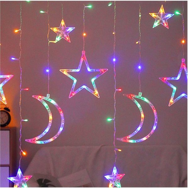 Qualra LED-Lichterkette 120 LEDs Lichtervorhang Stern Mond Lichterkette Batterie 3M, für Fenster Camping Zelt Party Weihnachten