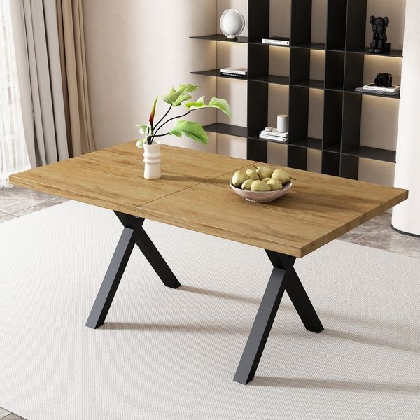 KLAM HOME Esstisch Moderner Esstisch Mit Kreuzbein Design In Eiche Und Schwarz (140x80cm Rechteckiger Tisch Aus Schmiedeeisen Und MDF), Vielseitiger Ess- Und Couchtisch Mit Hoher Tragkraft