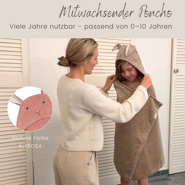 DIKOS Kapuzenhandtuch Badeponcho Baby Kinder Taupe/Altrosa, 70x140cm, 100% Bio-Baumwolle, 2-in-1 ab Geburt Handtuch mitwachsendes Badetuch/Poncho mit Knöpfen