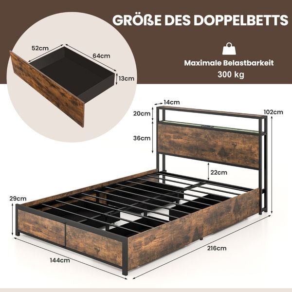 Doppelbettrahmen mit LED Plattformbett & Schubladen geräuschfreies Bettgestell Rustikales Braun