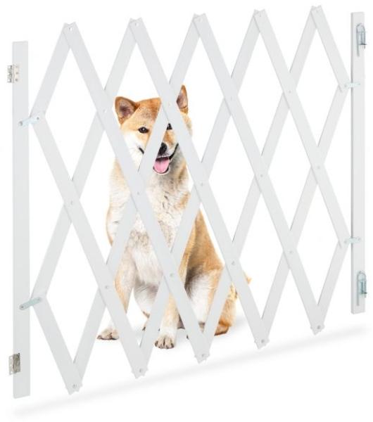 Relaxdays Hundeabsperrgitter ausziehbar bis 140 cm, 87-99 hoch, Bambus, Hunde Schutzgitter für Treppe & Tür, Weiß