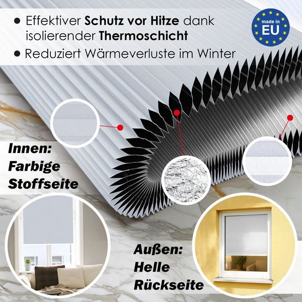 DomDeco Wabenplissee Thermo Plissee ohne Bohren - Hitzeschutz, Verdunkelung, verspannt, abdunkelnd, Klemmfix, stufenlos, kälteschutz, modernes Fensterplissee