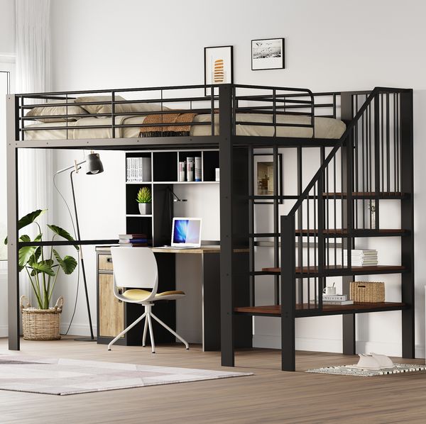 Hochbett 140x200 cm mit Treppe und Stauraum – Metallbett in Schwarz