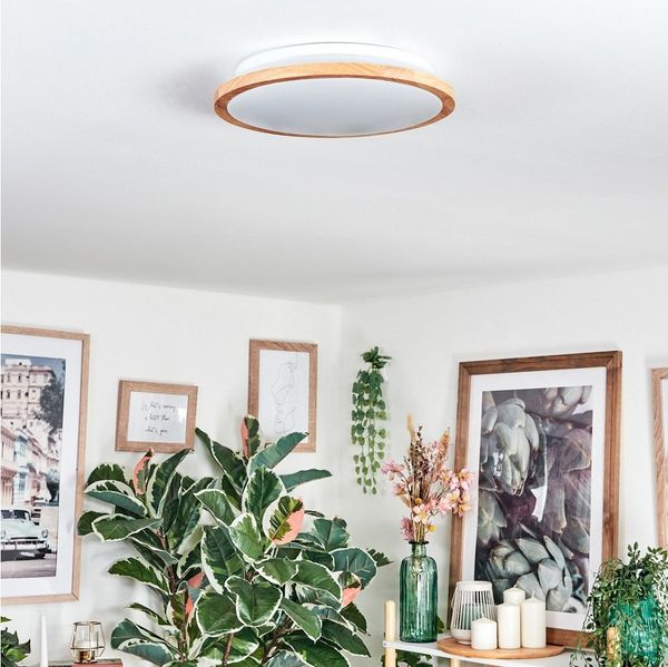 hofstein Deckenleuchte Deckenlampe aus Metall/Holz/Kunststoff in Weiß/Naturfarben, ohne Leuchtmittel, runde Leuchte im modernen Boho-Design (30,5 cm), 16 Watt