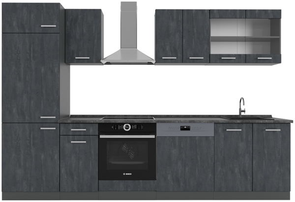 Vicco Komplettküche Schwarz Beton/Anthrazit 300 cm ohne Arbeitsplatte, R-Line