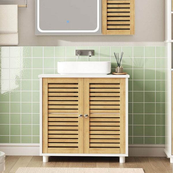 MSMASK Waschbeckenunterschrank Badezimmerschrank mit 2 Türen, Große Schublade, 30 x 60 x 65 cm, Weiß Offene Fächer an Einer Seite, Rechts Oder Links Austauschbar