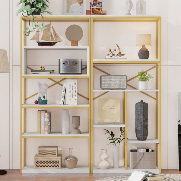 Flieks Bücherregal Standregal mit 11 Ablagen/5 Ebenen Goldfarbe & Weiß, B160xT29,5xH180 cm 1-tlg, Lagerregal Hochschrank Büroregal mit 11 Fächern, Metallrahmen & MDF