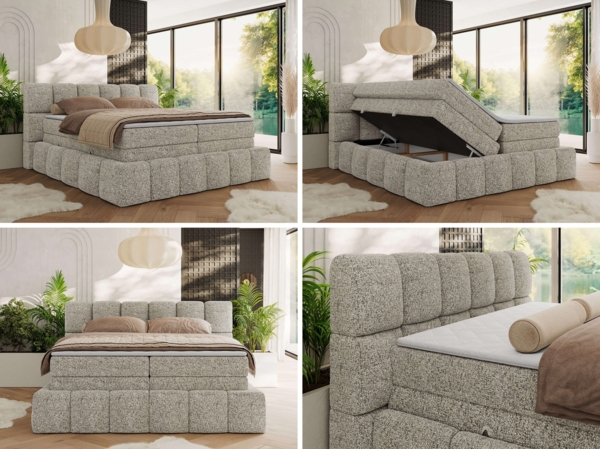 Boxspringbett NIRA KING, Doppelbett mit Fußteil, 7-Zonen Multipocket-Matratzen und Topper, Schlafzimmerbett - 140 x 200 cm - Beige Struktur - H3 Bild 2