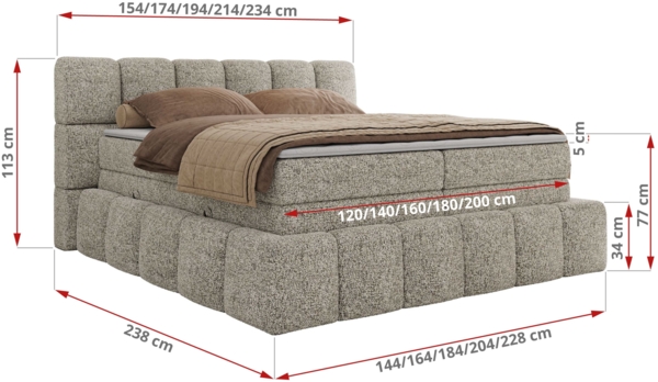 Boxspringbett NIRA KING, Doppelbett mit Fußteil, 7-Zonen Multipocket-Matratzen und Topper, Schlafzimmerbett - 140 x 200 cm - Beige Struktur - H3 Bild 6