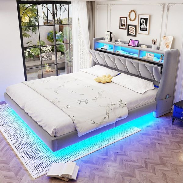 Flieks Polsterbett, Doppelbett 180x200 cm mit Stauraum-Kopfteil, Aufladen, LED-Beleuchtung