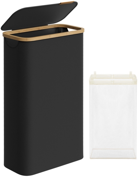 SONGMICS Wäschekorb mit Deckel und herausnehmbarem Wäschesack, zusammenklappbar, Bambus / Oxford-Gewebe tintenschwarz, 65 l