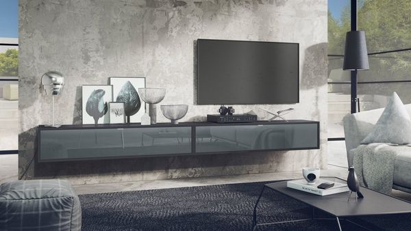 2er-Set TV Board Lana 140, Lowboards je 140 x 29 x 37 cm mit viel Stauraum, Korpus in Schwarz matt, Fronten in Grau Hochglanz